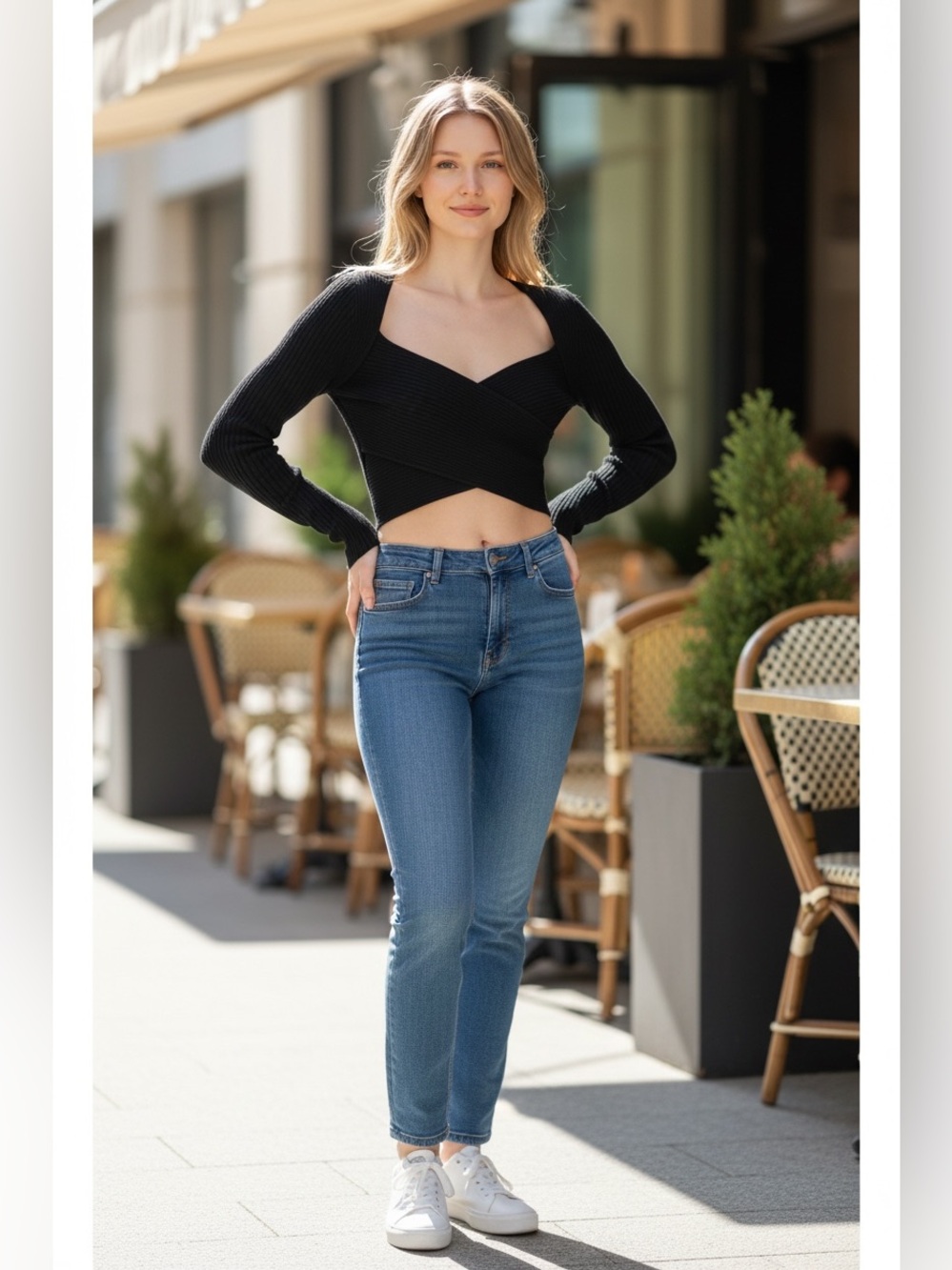 Alice + Olivia Black Cropped Wrap Rib Knit Top size L